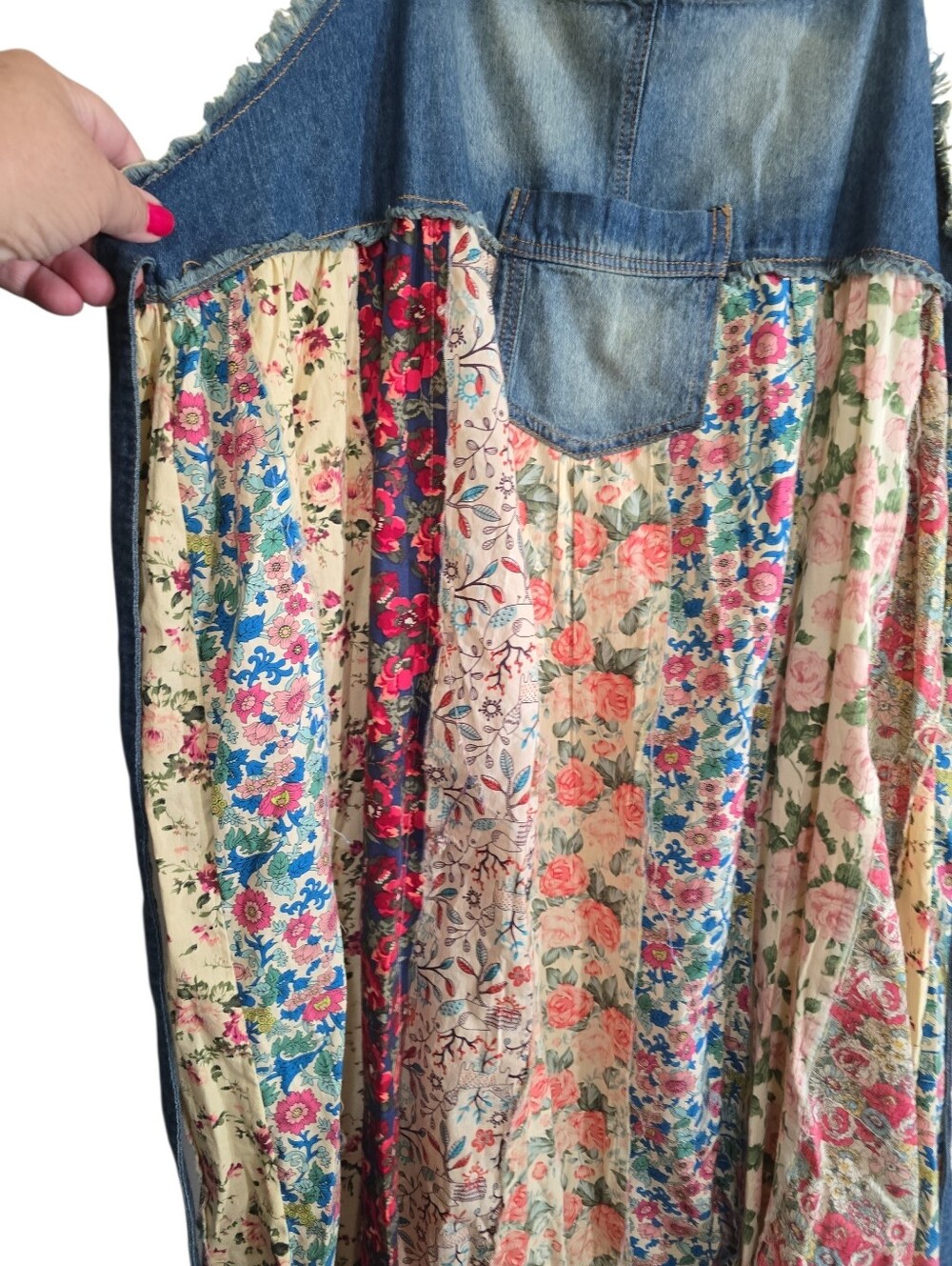 A Rare Bird Denim Overall Patchwork Maxi Dress XXL Tie Back Boho Cottagecore - Picture 4 of 8
